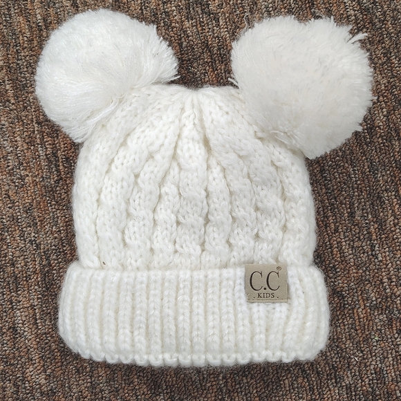 C C Kid's White Pom Pom Knit Hat - Picture 1 of 2